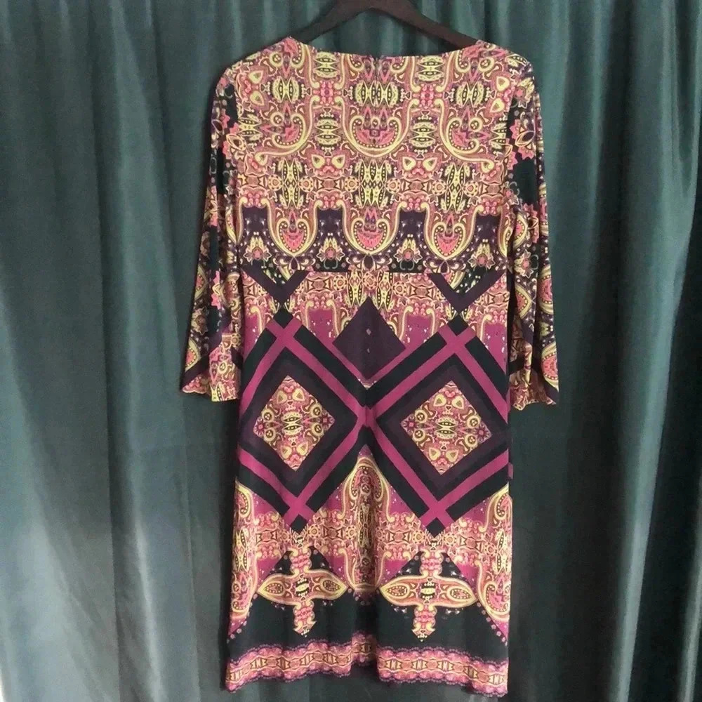 Etcetera Purple Paisley Geometric Keyhole Neck 3/4 Sleeve Sheath Dress Size 6 - Picture 4 of 5
